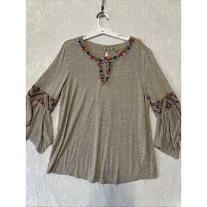Democracy Women's L Beige Embroidered 3/4 Sleeve Blouse Top Boho Art Peasant